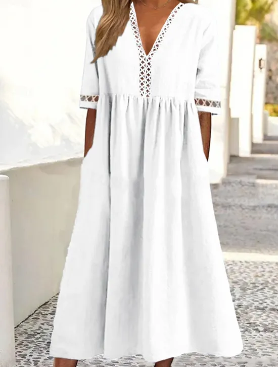 Clearance Women's White Pink Blue Summer Spring Midi Dress Cotton Linen Dresses Casual Dress Basic Modern Daily Weekend Loose Fit Plain V Neck Women Dresses