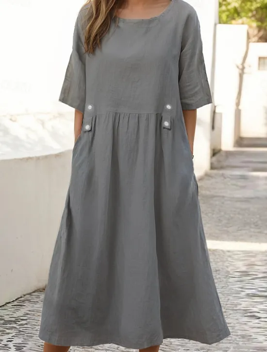 Clearance Women's White Purple Green Summer Spring Midi Dress Linen-Inspired Dresses White Dress Casual Dress Basic Daily Weekend Loose Fit Plain Crew Neck Women Dresses|White Dresses