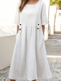Clearance Women's White Purple Green Summer Spring Midi Dress Linen-Inspired Dresses White Dress Casual Dress Basic Daily Weekend Loose Fit Plain Crew Neck Women Dresses|White Dresses