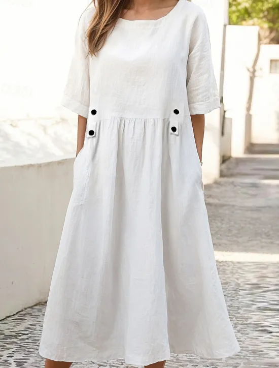 Clearance Women's White Purple Green Summer Spring Midi Dress Linen-Inspired Dresses White Dress Casual Dress Basic Daily Weekend Loose Fit Plain Crew Neck Women Dresses|White Dresses