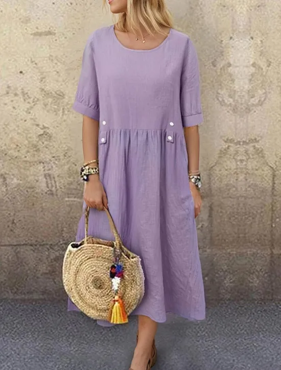 Clearance Women's White Purple Green Summer Spring Midi Dress Linen-Inspired Dresses White Dress Casual Dress Basic Daily Weekend Loose Fit Plain Crew Neck Women Dresses|White Dresses