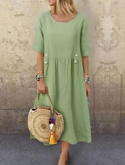 Clearance Women's White Purple Green Summer Spring Midi Dress Linen-Inspired Dresses White Dress Casual Dress Basic Daily Weekend Loose Fit Plain Crew Neck Women Dresses|White Dresses