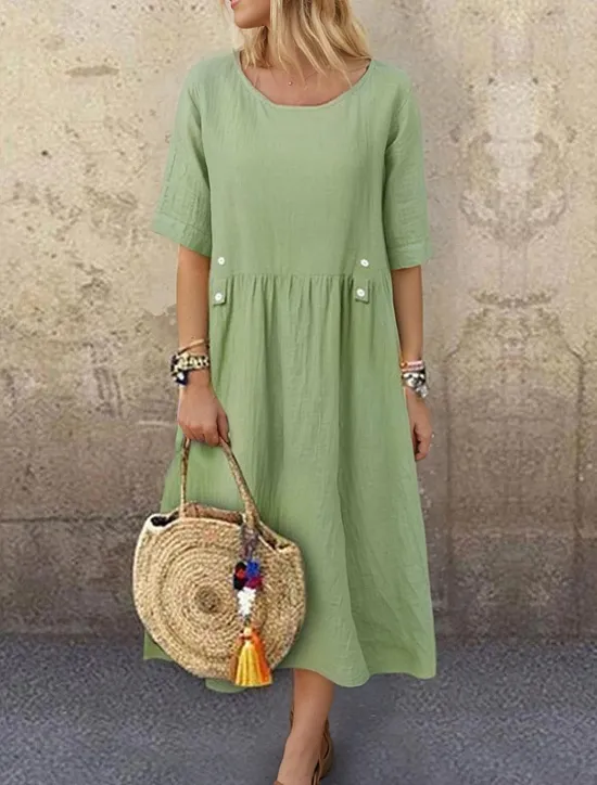 Clearance Women's White Purple Green Summer Spring Midi Dress Linen-Inspired Dresses White Dress Casual Dress Basic Daily Weekend Loose Fit Plain Crew Neck Women Dresses|White Dresses