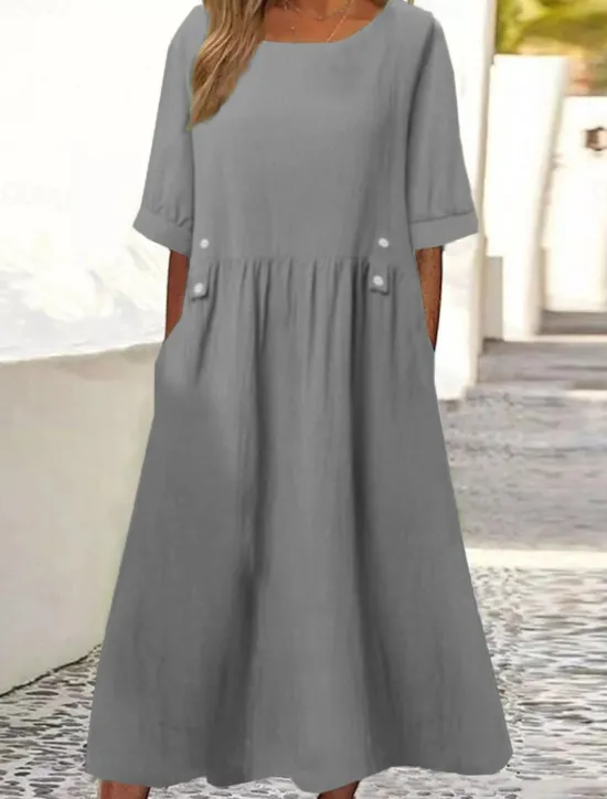 Sale Women's White Purple Green Summer Midi Dress Linen-Inspired Dresses Smock Dress Solid Basic Casual Daily Loose Fit Crew Neck Women Dresses