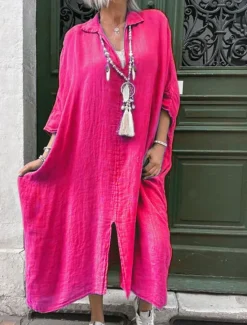 Hot Women's White Rose Red Gray Spring Fall Maxi Dress Linen-Inspired Dresses Elegant Fashion Holiday Date Loose Fit Shirt Collar Women Dresses
