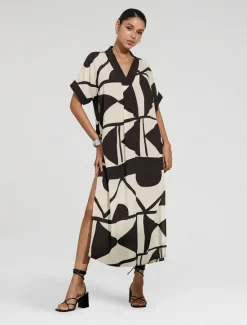 Best Women's Short Sleeve Geometric Black and Geometrical V Neck Loose Fit Double Slit Spring & Summer Spring and Summer Geometric Pattern Comfortable Loose Vacation S M L Women Casual Dress