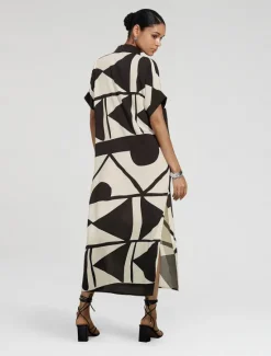 Best Women's Short Sleeve Geometric Black and Geometrical V Neck Loose Fit Double Slit Spring & Summer Spring and Summer Geometric Pattern Comfortable Loose Vacation S M L Women Casual Dress
