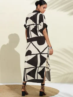 Best Women's Short Sleeve Geometric Black and Geometrical V Neck Loose Fit Double Slit Spring & Summer Spring and Summer Geometric Pattern Comfortable Loose Vacation S M L Women Casual Dress