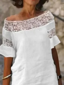 Clearance Women's Summer Spring Midi Dress Linen-Inspired Dresses Casual Dress Shift Dress Fashion Modern Casual Outdoor Vacation Daily Regular Fit Plain Off Shoulder Women Dresses