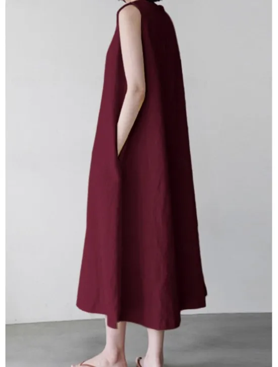 New Women's White Wine Navy Blue Summer Spring Midi Dress White Dress Cotton Linen Dresses Sundress Casual Vacation Daily Loose Fit Plain Crew Neck Women Dresses