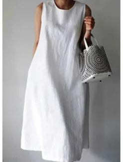 New Women's White Wine Navy Blue Summer Spring Midi Dress White Dress Cotton Linen Dresses Sundress Casual Vacation Daily Loose Fit Plain Crew Neck Women Dresses