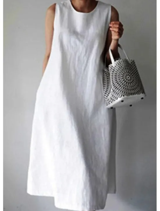 New Women's White Wine Navy Blue Summer Spring Midi Dress White Dress Cotton Linen Dresses Sundress Casual Vacation Daily Loose Fit Plain Crew Neck Women Dresses