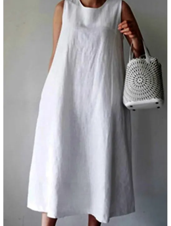 New Women's White Wine Navy Blue Summer Spring Midi Dress White Dress Cotton Linen Dresses Sundress Casual Vacation Daily Loose Fit Plain Crew Neck Women Dresses