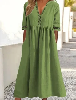 Sale Women's White Yellow Pink Summer Spring Fall Midi Dress Cotton Linen Dresses Casual Dress Swing Dress Basic Classic Casual Outdoor Vacation Daily Loose Fit Plain V Neck Women Dresses