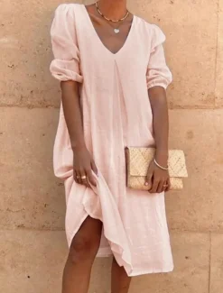 Hot Women's White Yellow Pink Summer Spring Midi Dress Linen-Inspired Dresses Cotton Linen Dress Smock Dress Solid Basic Lantern Sleeve Vacation Loose Fit V Neck Women Dresses