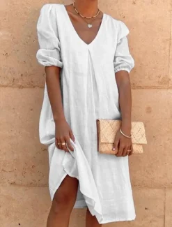 Hot Women's White Yellow Pink Summer Spring Midi Dress Linen-Inspired Dresses Cotton Linen Dress Smock Dress Solid Basic Lantern Sleeve Vacation Loose Fit V Neck Women Dresses