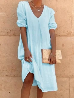 Hot Women's White Yellow Pink Summer Spring Midi Dress Linen-Inspired Dresses Cotton Linen Dress Smock Dress Solid Basic Lantern Sleeve Vacation Loose Fit V Neck Women Dresses