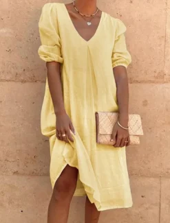 Hot Women's White Yellow Pink Summer Spring Midi Dress Linen-Inspired Dresses Cotton Linen Dress Smock Dress Solid Basic Lantern Sleeve Vacation Loose Fit V Neck Women Dresses