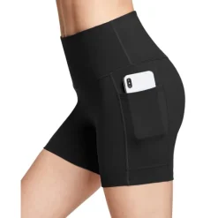 New Women's Wide Band Waist Sports Shorts With Phone Pocket Solid Colored High Waist Elastic Yoga Running Bottom Pants Women Shorts