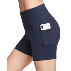 New Women's Wide Band Waist Sports Shorts With Phone Pocket Solid Colored High Waist Elastic Yoga Running Bottom Pants Women Shorts