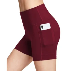 New Women's Wide Band Waist Sports Shorts With Phone Pocket Solid Colored High Waist Elastic Yoga Running Bottom Pants Women Shorts