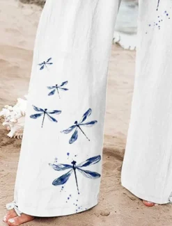 Women's Wide Leg Baggy Pants Beach Shorts Vacation Vintage Fashion Full Length High Waist Graphic Flower / Floral Drawstring Printing Soft Breathable Micro-elastic Vacation Causal Casual White Blue Women Pants