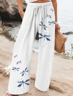 Women's Wide Leg Baggy Pants Beach Shorts Vacation Vintage Fashion Full Length High Waist Graphic Flower / Floral Drawstring Printing Soft Breathable Micro-elastic Vacation Causal Casual White Blue Women Pants