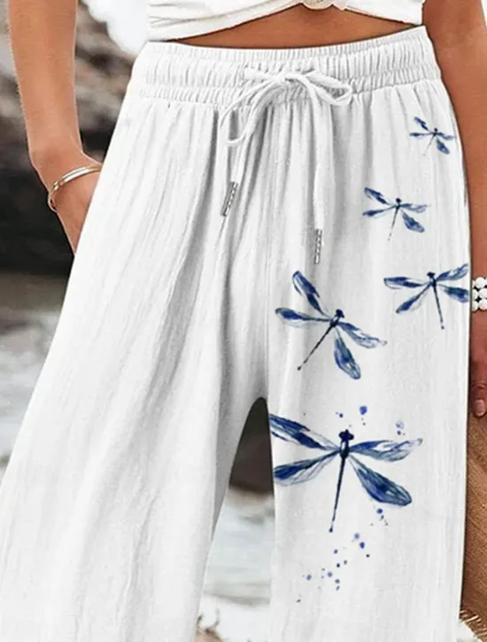 Women's Wide Leg Baggy Pants Beach Shorts Vacation Vintage Fashion Full Length High Waist Graphic Flower / Floral Drawstring Printing Soft Breathable Micro-elastic Vacation Causal Casual White Blue Women Pants