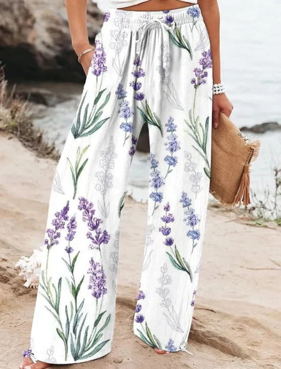 Women's Wide Leg Baggy Pants Beach Shorts Vacation Vintage Fashion Full Length High Waist Graphic Flower / Floral Drawstring Printing Soft Breathable Micro-elastic Vacation Causal Casual White Blue Women Pants