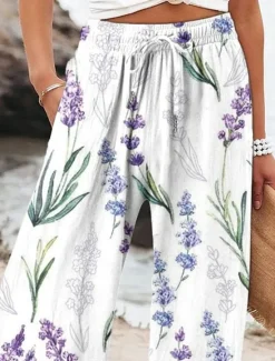 Women's Wide Leg Baggy Pants Beach Shorts Vacation Vintage Fashion Full Length High Waist Graphic Flower / Floral Drawstring Printing Soft Breathable Micro-elastic Vacation Causal Casual White Blue Women Pants