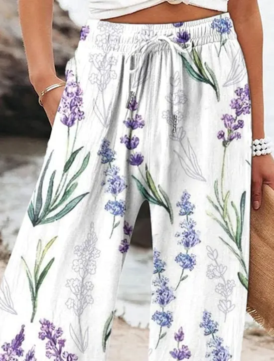 Women's Wide Leg Baggy Pants Beach Shorts Vacation Vintage Fashion Full Length High Waist Graphic Flower / Floral Drawstring Printing Soft Breathable Micro-elastic Vacation Causal Casual White Blue Women Pants