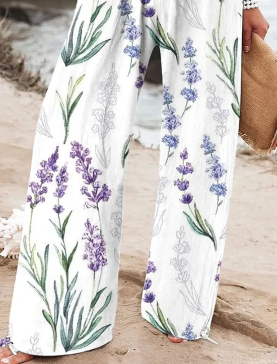Women's Wide Leg Baggy Pants Beach Shorts Vacation Vintage Fashion Full Length High Waist Graphic Flower / Floral Drawstring Printing Soft Breathable Micro-elastic Vacation Causal Casual White Blue Women Pants