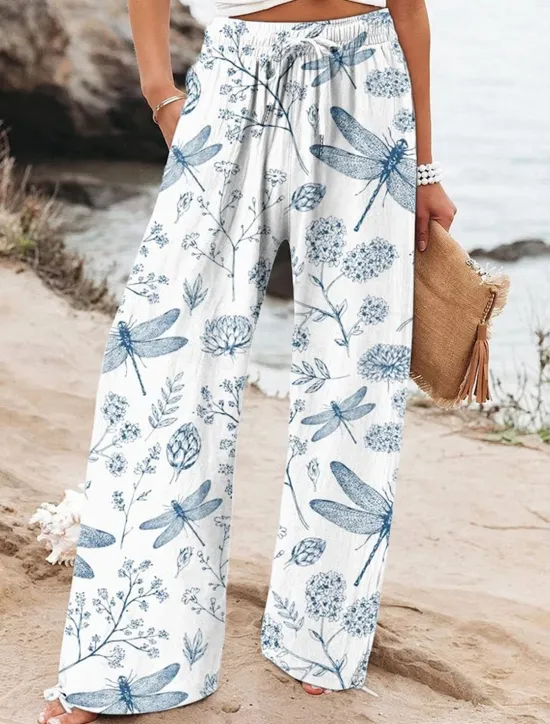 Women's Wide Leg Baggy Pants Beach Shorts Vacation Vintage Fashion Full Length High Waist Graphic Flower / Floral Drawstring Printing Soft Breathable Micro-elastic Vacation Causal Casual White Blue Women Pants