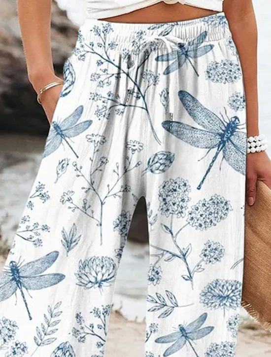 Women's Wide Leg Baggy Pants Beach Shorts Vacation Vintage Fashion Full Length High Waist Graphic Flower / Floral Drawstring Printing Soft Breathable Micro-elastic Vacation Causal Casual White Blue Women Pants