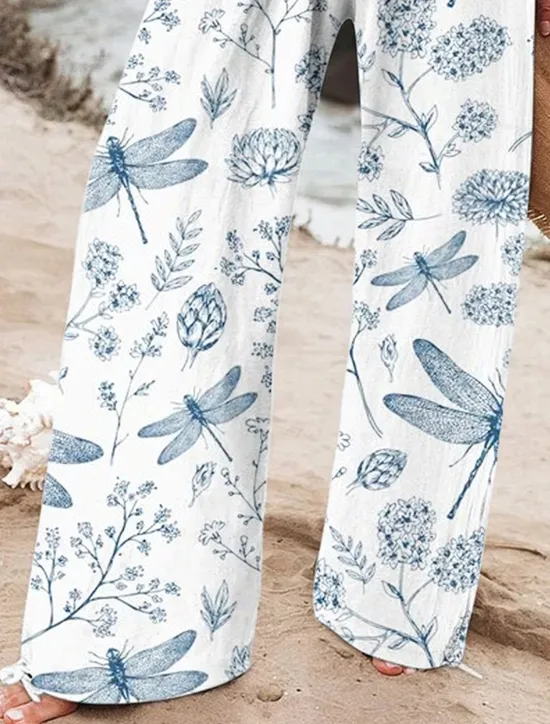 Women's Wide Leg Baggy Pants Beach Shorts Vacation Vintage Fashion Full Length High Waist Graphic Flower / Floral Drawstring Printing Soft Breathable Micro-elastic Vacation Causal Casual White Blue Women Pants