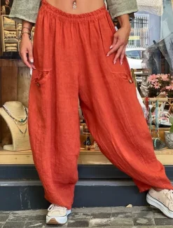 Women's Wide Leg Baggy Pants Solid Color Bloomers Fashion Basic Full Length Medium Waist Plain Pocket Elastic Waist Comfort Outdoor Micro-elastic Vacation Street Daily Golden Navy Black Orange Women Pants