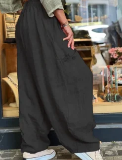 Women's Wide Leg Baggy Pants Solid Color Bloomers Fashion Basic Full Length Medium Waist Plain Pocket Elastic Waist Comfort Outdoor Micro-elastic Vacation Street Daily Golden Navy Black Orange Women Pants
