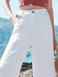 New Women's Wide Leg Baggy Pants Solid Color Fashion Basic Full Length High Waist Plain Pocket Comfort Outdoor Micro-elastic Vacation Street Daily Deep Green Black White Summer Spring Regular Fit Women Pants