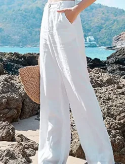 New Women's Wide Leg Baggy Pants Solid Color Fashion Basic Full Length High Waist Plain Pocket Comfort Outdoor Micro-elastic Vacation Street Daily Deep Green Black White Summer Spring Regular Fit Women Pants