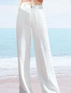 New Women's Wide Leg Baggy Pants Solid Color Fashion Basic Full Length High Waist Plain Pocket Comfort Outdoor Micro-elastic Vacation Street Daily Deep Green Black White Summer Spring Regular Fit Women Pants