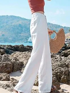 New Women's Wide Leg Baggy Pants Solid Color Fashion Basic Full Length High Waist Plain Pocket Comfort Outdoor Micro-elastic Vacation Street Daily Deep Green Black White Summer Spring Regular Fit Women Pants