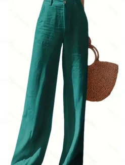 New Women's Wide Leg Baggy Pants Solid Color Fashion Basic Full Length High Waist Plain Pocket Comfort Outdoor Micro-elastic Vacation Street Daily Deep Green Black White Summer Spring Regular Fit Women Pants