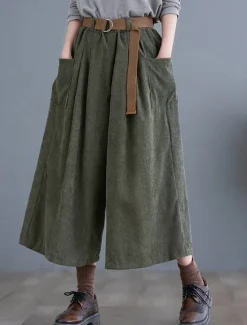 Women's Wide Leg Capri Pants Fashion Streetwear Simple Calf-Length High Waist Solid Color Pocket Elastic Waist High Cut Comfort Breathability Soft Micro-elastic Vacation Street Daily Green khaki Women Pants