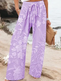 Discount Women's Wide Leg Chinos Baggy Pants Vacation Fashion Hawaiian Full Length High Waist Floral Graphic Printing Soft Breathable Micro-elastic Casual Daily Casual Daily Pink Blue Purple Beige Summer Women Pants