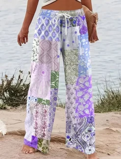 Best Women's Wide Leg Chinos Baggy Pants Vacation Vintage Fashion Full Length High Waist Graphic Geometric Paisley Printing Micro-elastic Formal Vacation Street Pink Blue Purple Green Summer Spring Women Pants