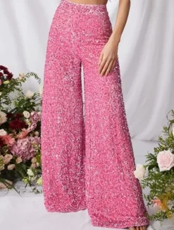 Online Women's Wide Leg Chinos Baggy Pants Fashion Streetwear Full Length High Waist Plain Sequins Comfy Soft Comfortable Micro-elastic Outdoor Party Street Black Pink Red Summer Spring Regular Fit Women Pants