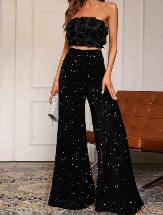 Online Women's Wide Leg Chinos Baggy Pants Fashion Streetwear Full Length High Waist Plain Sequins Comfy Soft Comfortable Micro-elastic Outdoor Party Street Black Pink Red Summer Spring Regular Fit Women Pants