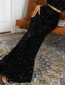Online Women's Wide Leg Chinos Baggy Pants Fashion Streetwear Full Length High Waist Plain Sequins Comfy Soft Comfortable Micro-elastic Outdoor Party Street Black Pink Red Summer Spring Regular Fit Women Pants