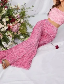 Online Women's Wide Leg Chinos Baggy Pants Fashion Streetwear Full Length High Waist Plain Sequins Comfy Soft Comfortable Micro-elastic Outdoor Party Street Black Pink Red Summer Spring Regular Fit Women Pants