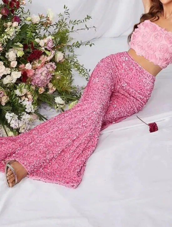 Online Women's Wide Leg Chinos Baggy Pants Fashion Streetwear Full Length High Waist Plain Sequins Comfy Soft Comfortable Micro-elastic Outdoor Party Street Black Pink Red Summer Spring Regular Fit Women Pants